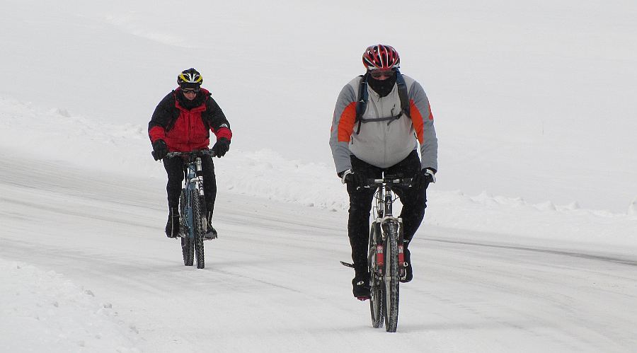 Mountain bikes in winter snow