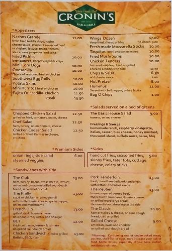 Cronin's Bar and Grill Menu - Lenexa, Kansas