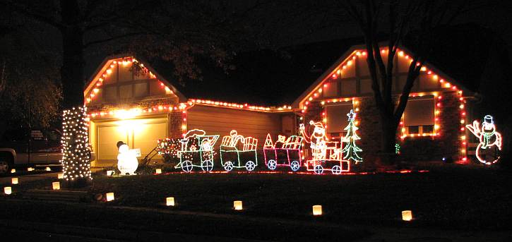 Christmas lights create Santa's train