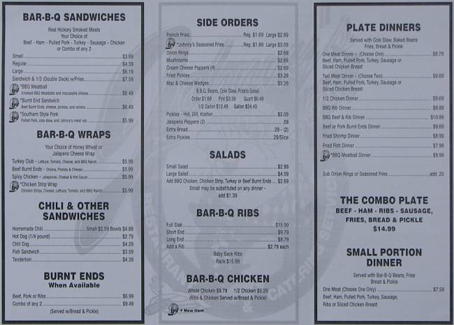 Johnny's BBQ Restaurant menu