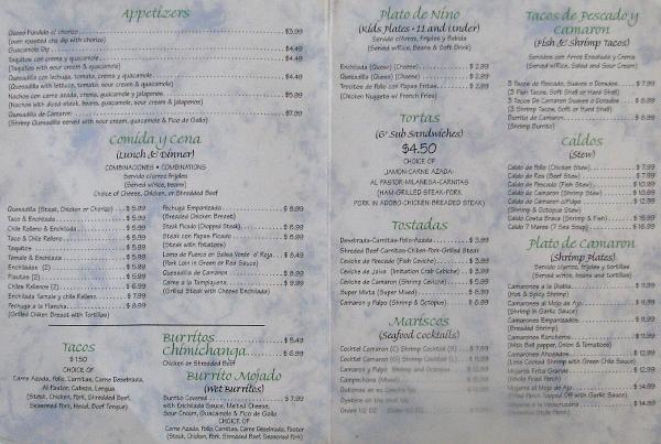 Mariscos Veracruz menu
