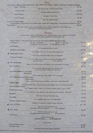 Mom's Kicthen dinner menu