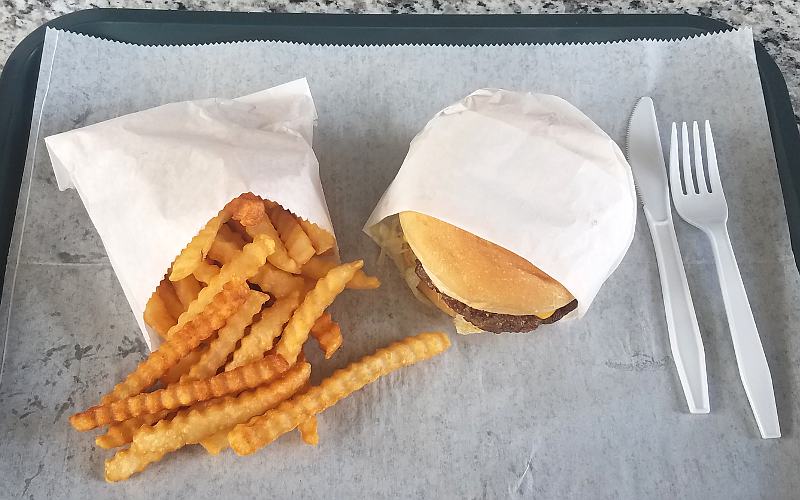 French fries and burger at Tasty Foodz