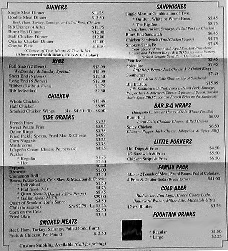 Smokin' Joe's menu - Olathe, Kansas