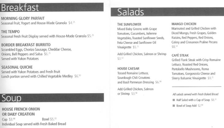 Caf� Tempo breakfast and salad menu
