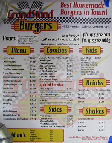 GrandStand Burgers Menu - Shawnee, Kansas