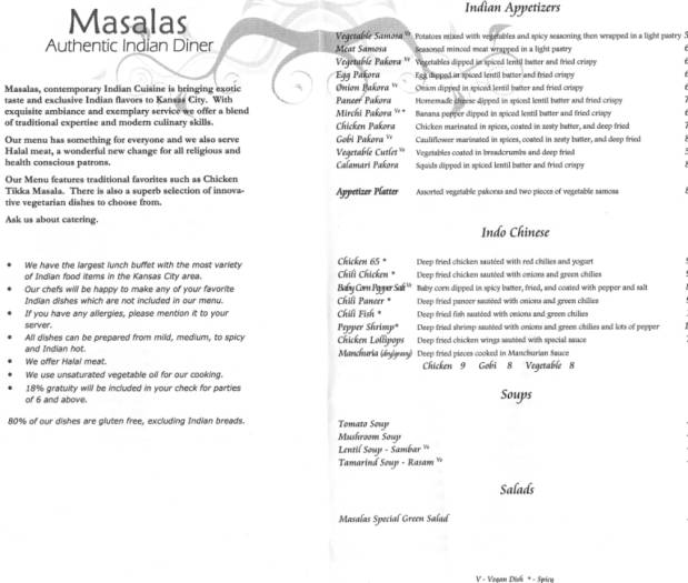 Masalas Inidan Restaurant menu page 1