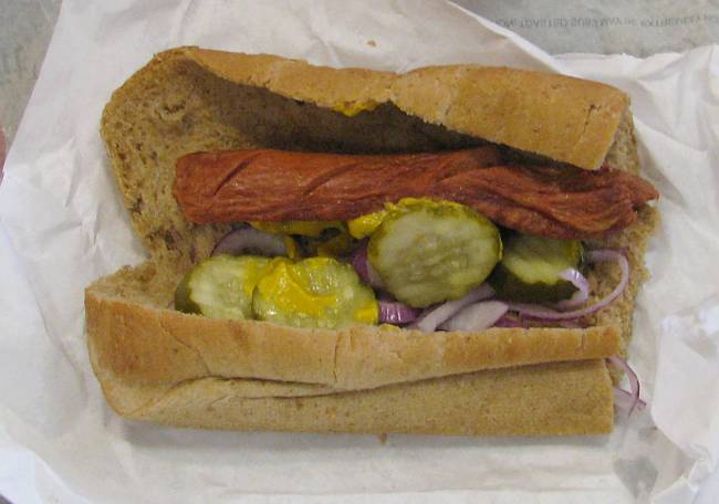 Kosher hot dog at Subway Kosher deli