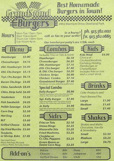 GrandStand Burgers Menu - Shawnee Mission, Kansas
