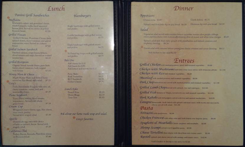 Cozy's Cafe lunch and dinner menu