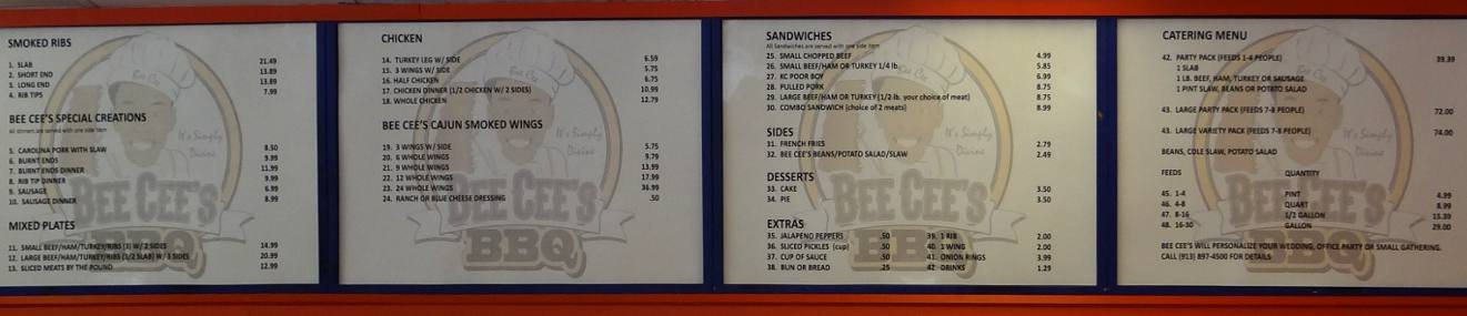 Bee Cee's Authentic Bar-B-Que Menu