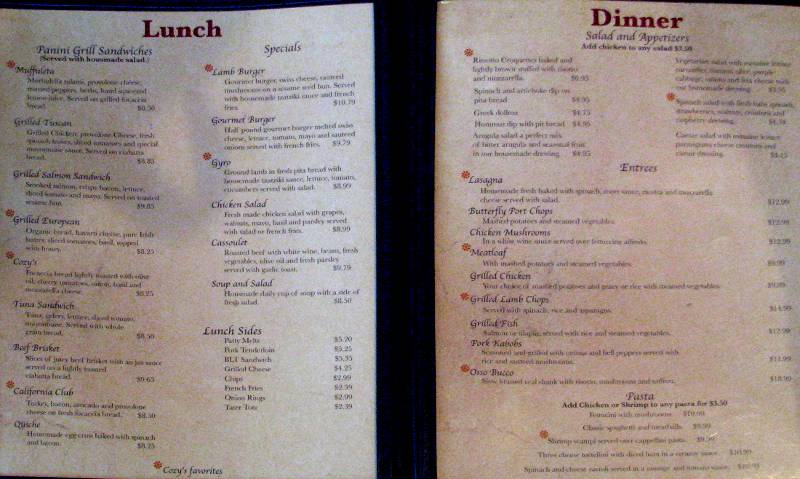 Cozy's Cafe lunch and dinner menu