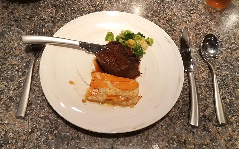 Bourbon braised beef with sweet potato, turnip gratin and Brussel sprouts