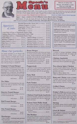 Speck's Bar and Grill menu