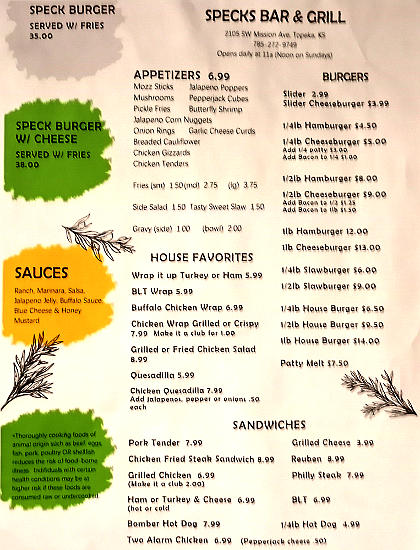 Speck's Bar and Grill Menu - Topeka, Kansas