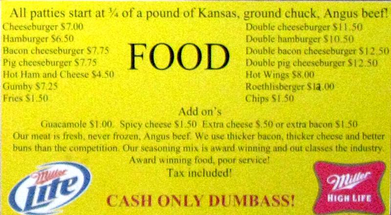 Bomber Burger menu