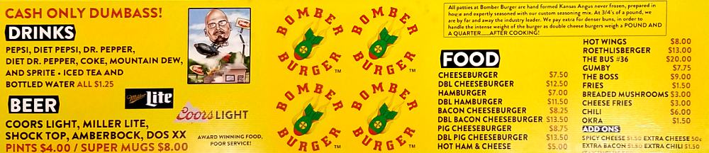 Bomber Burger menu